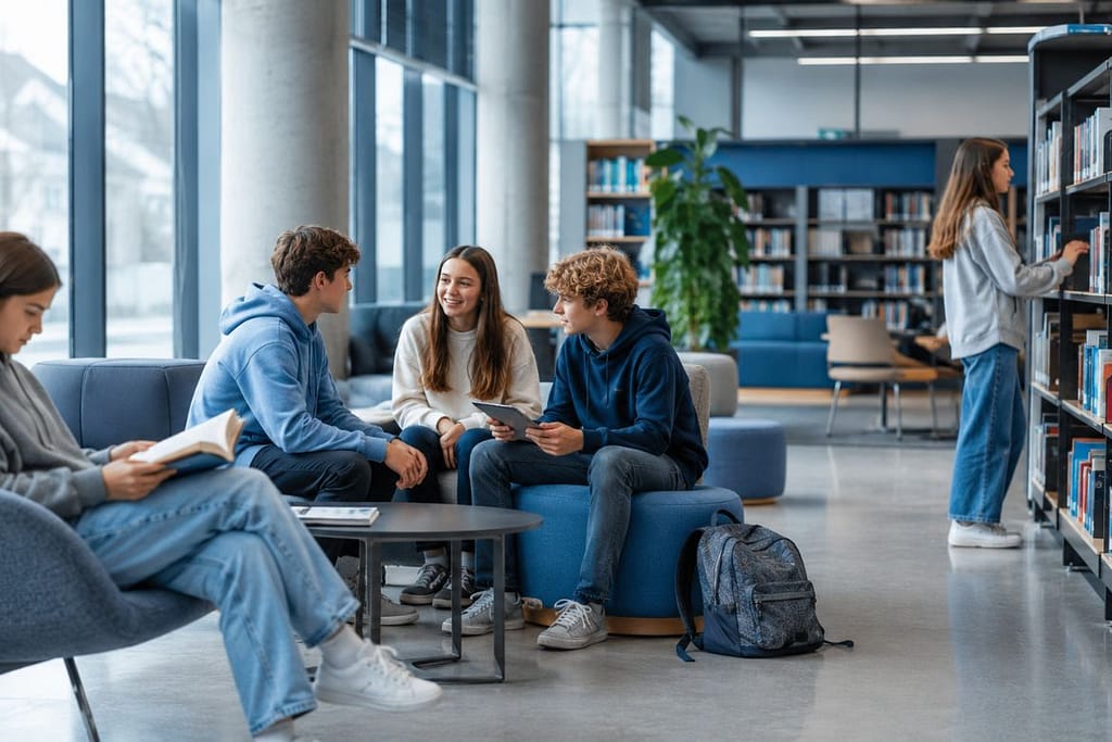 Nastolatki z pokolenia Alfa siedzą w bibliotece