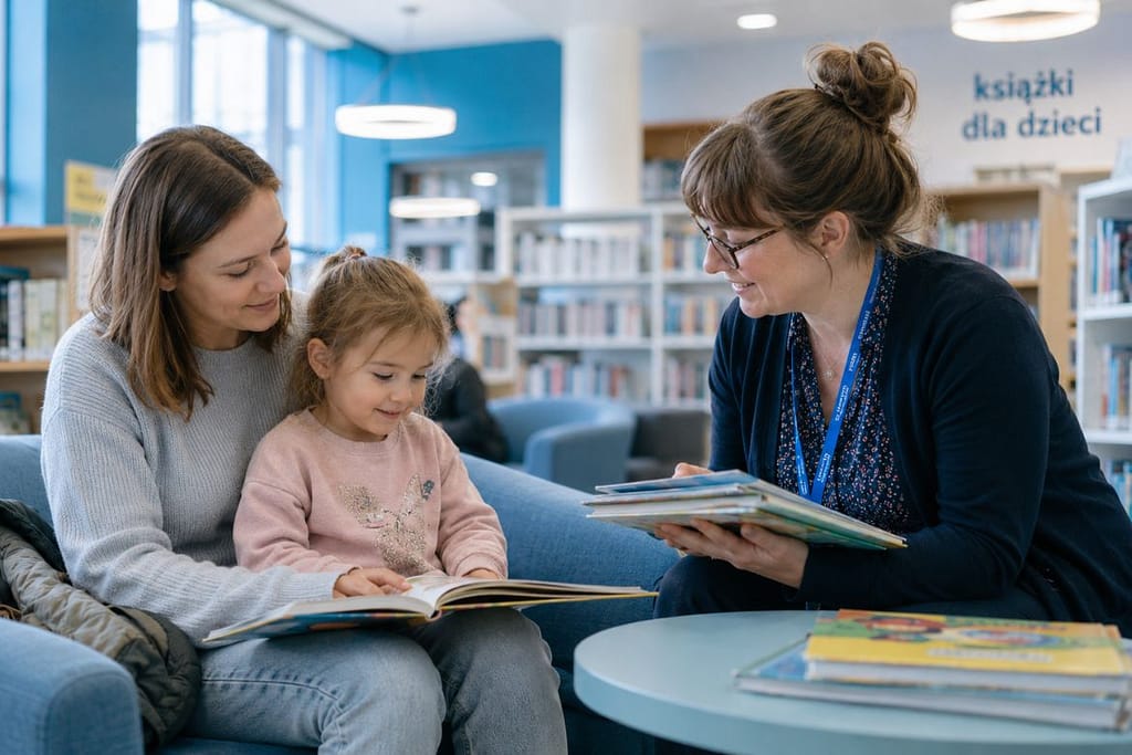 Mama z dzieckiem siedzą w kąciku czytelniczym biblioteki publicznej i oglądają książkę, a bibliotekarka pokazuje im kolejne publikacje dla dzieci.