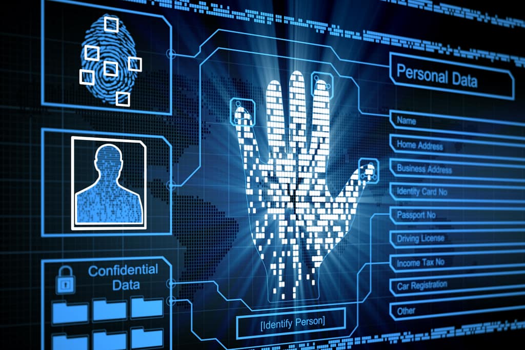 Cybernetyczna plansza w niebieskim odcieniu. Linie papilarne, dane personalne. Jak zgodnie z RODO korzystać z AI w bibliotece?