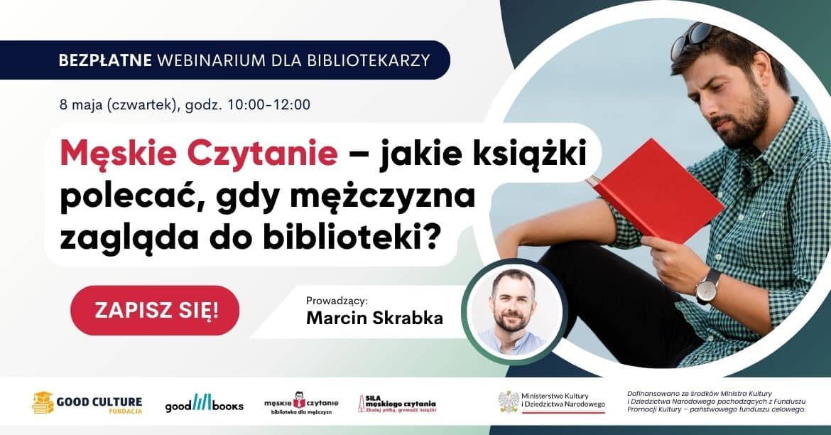 Banner webinarium "Męskie Czytanie - jakie książki polecać, gdy mężczyzna zagląda do biblioteki?"