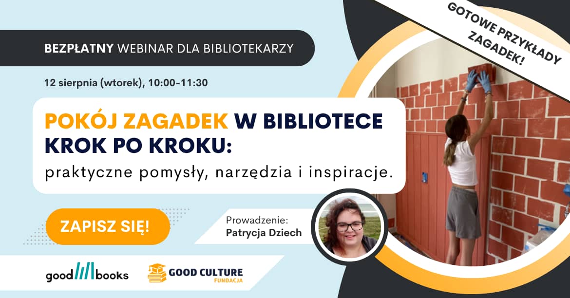 Banner promujący webinarium "Pokój zagadek w bibliotece"