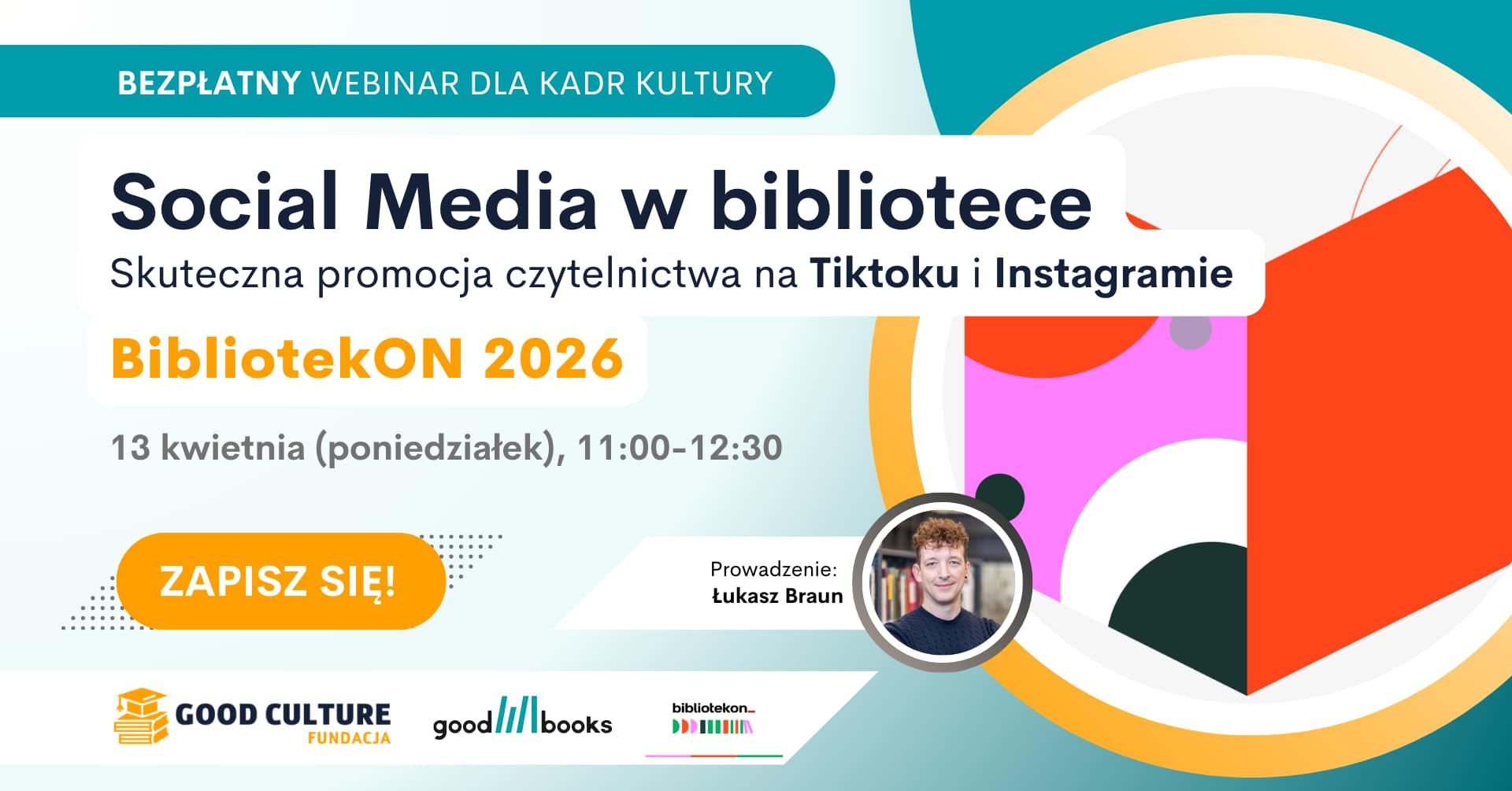 Baner promujący wystąpienie Łukasza Brauna na BibliotekON 2026