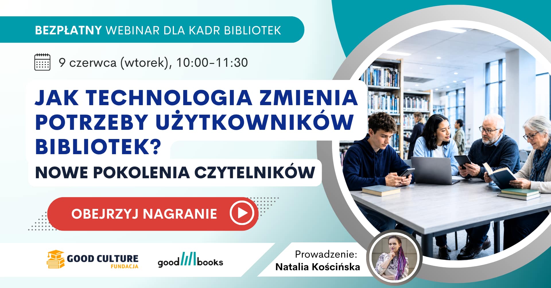 Baner promujący webinar : Jak technologia zmienia potrzeby czytelników?