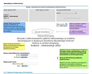 Pierwsza strona i legenda wniosku wzorcowego Kultura-Interwencje