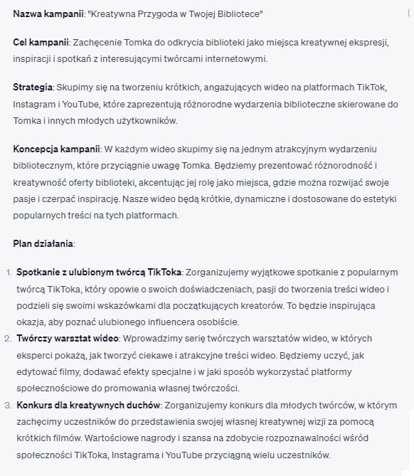 Zrzut eranu z ChatGPT: opis kampani marketingowej