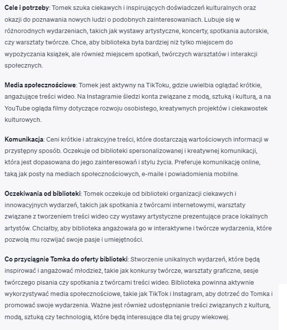 Zrzut eranu z ChatGPT: opis persony marketingowej