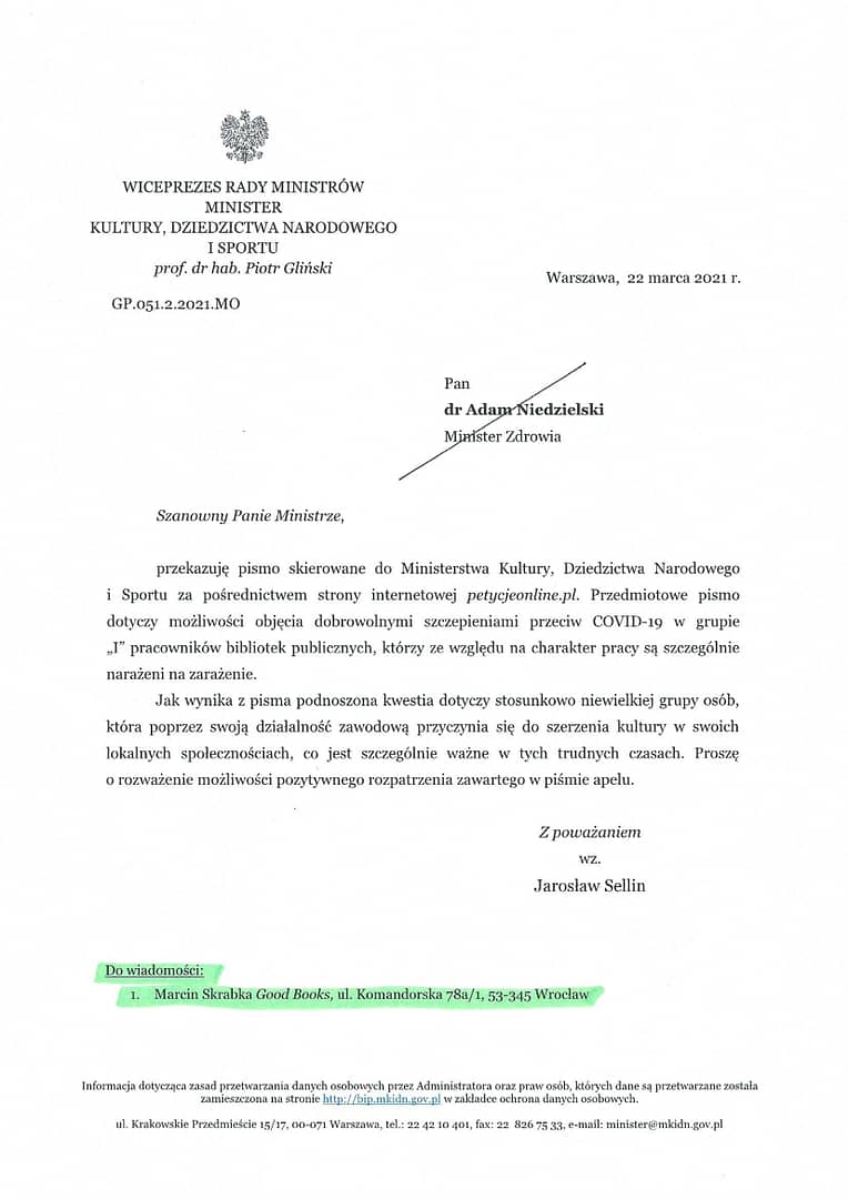 Pismo od Ministerstwa Kultury