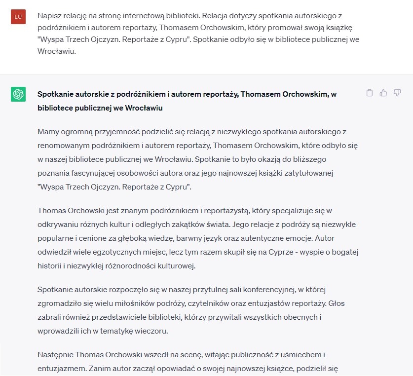 Zapis rozmowy z ChatGPT - tworzenie relacji ze spotkania autorskiego w bibliotece