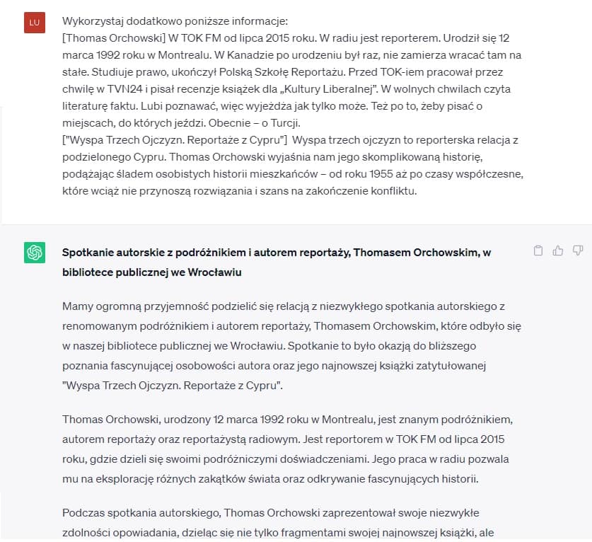 Zapis rozmowy z ChatGPT - tworzenie relacji ze spotkania autorskiego w bibliotece