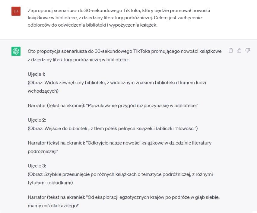 Zapis rozmowy z ChatGPT - tworzenie scenariusza wideo na TikToka